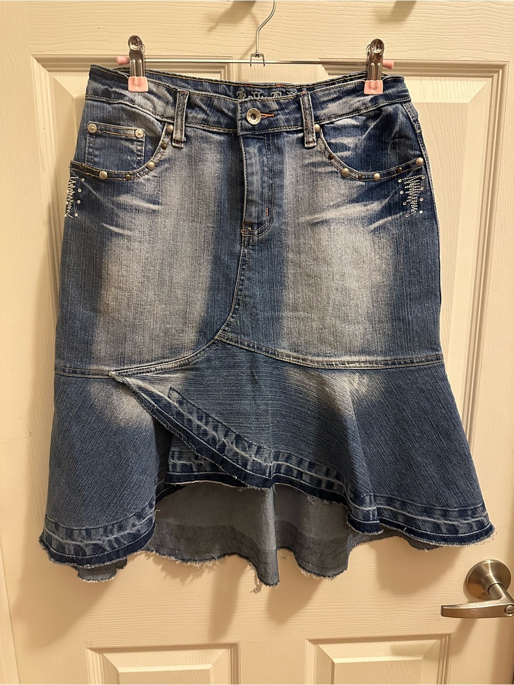 Denim High-Low Whimsical Flared Skirt with Stud Detail - Blue